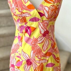 Lilly Pulitzer Yellow Floral Sleeveless V-Neck Dress with Pink & Orange Accents